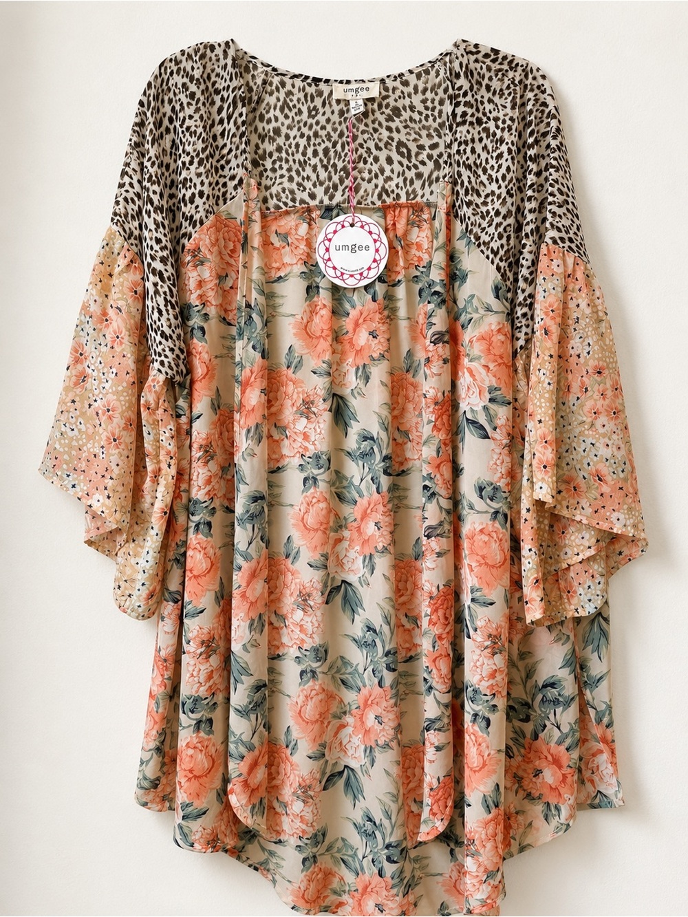 Umgee Mixed Floral & Leopard Print Kimono Cardigan Size Small NWT